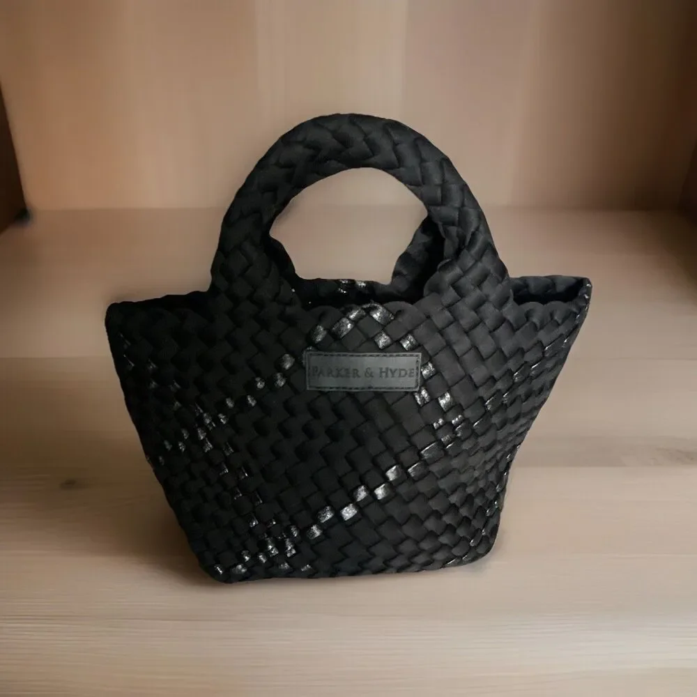 PARKER & HYDE Black Woven Braided Satchel Top Handle Bag w Pouch Magnetic 13x7